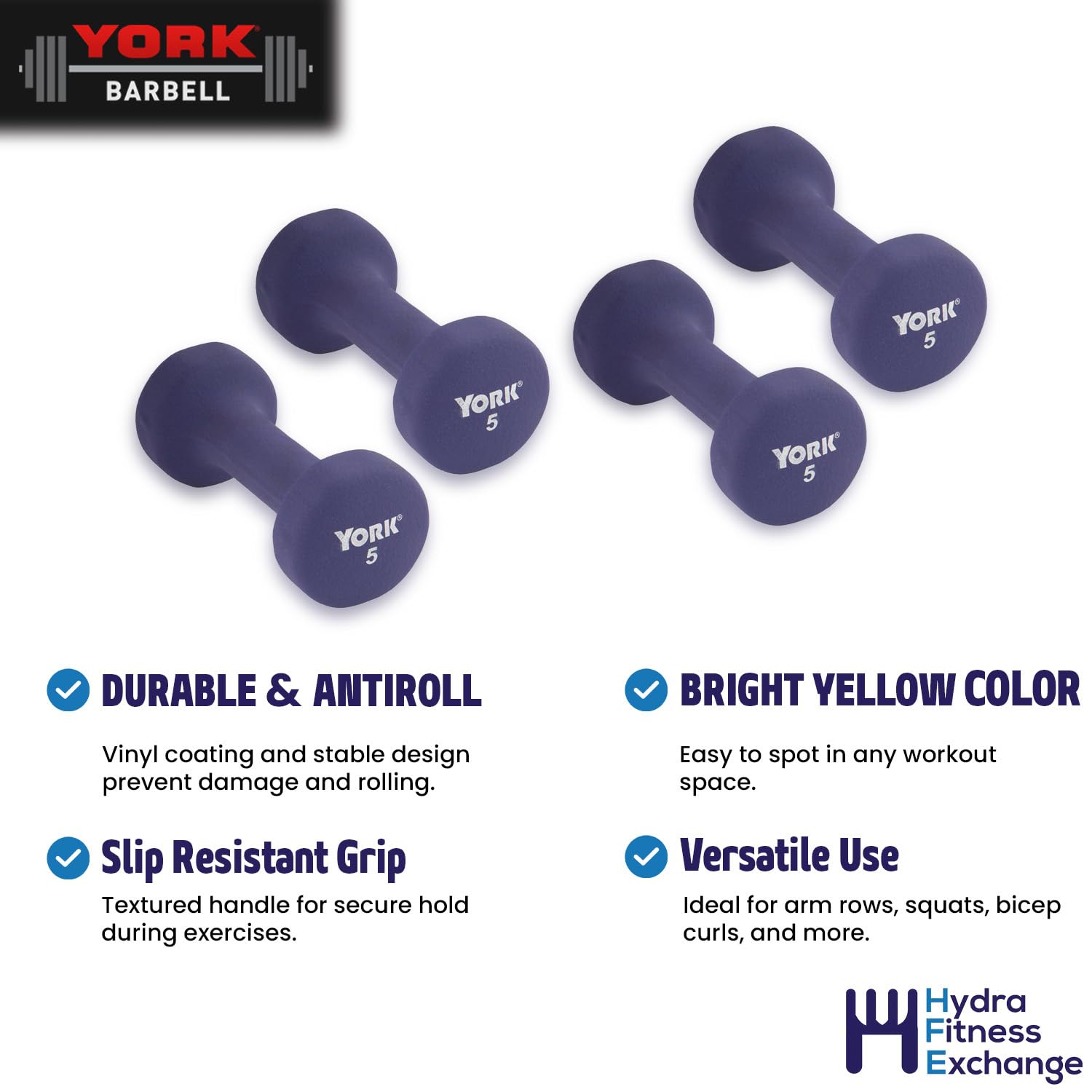 New York Barbell 5LB Neoprene Dumbbells (Pair), Anti-Slip Anti-Roll Fitbell Weights &ndash; Purple York Freeweight