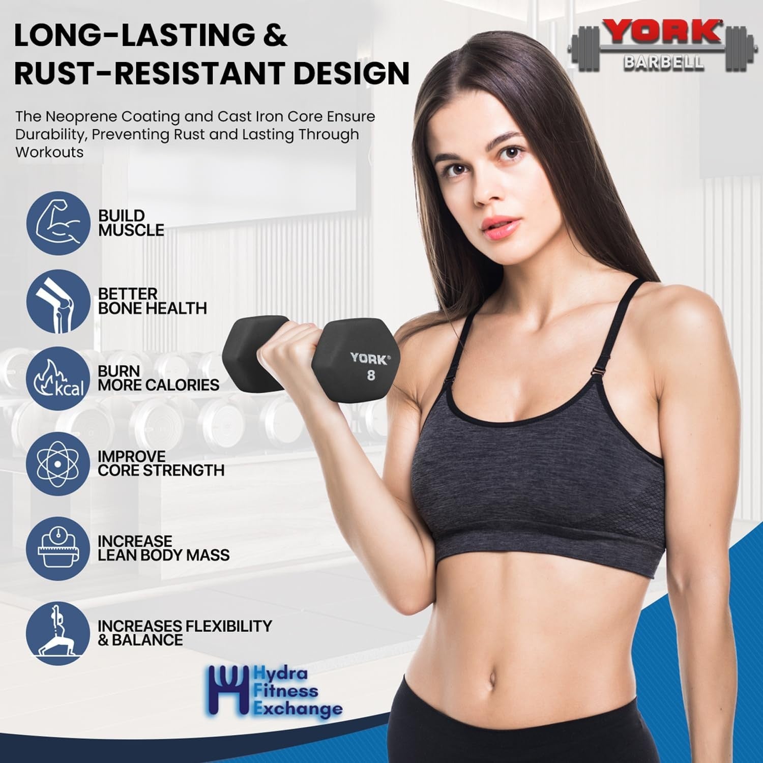 New York 2 lb Neoprene Hex Dumbbells (4-Pack) &ndash; Cast Ergo Handles York Freeweight