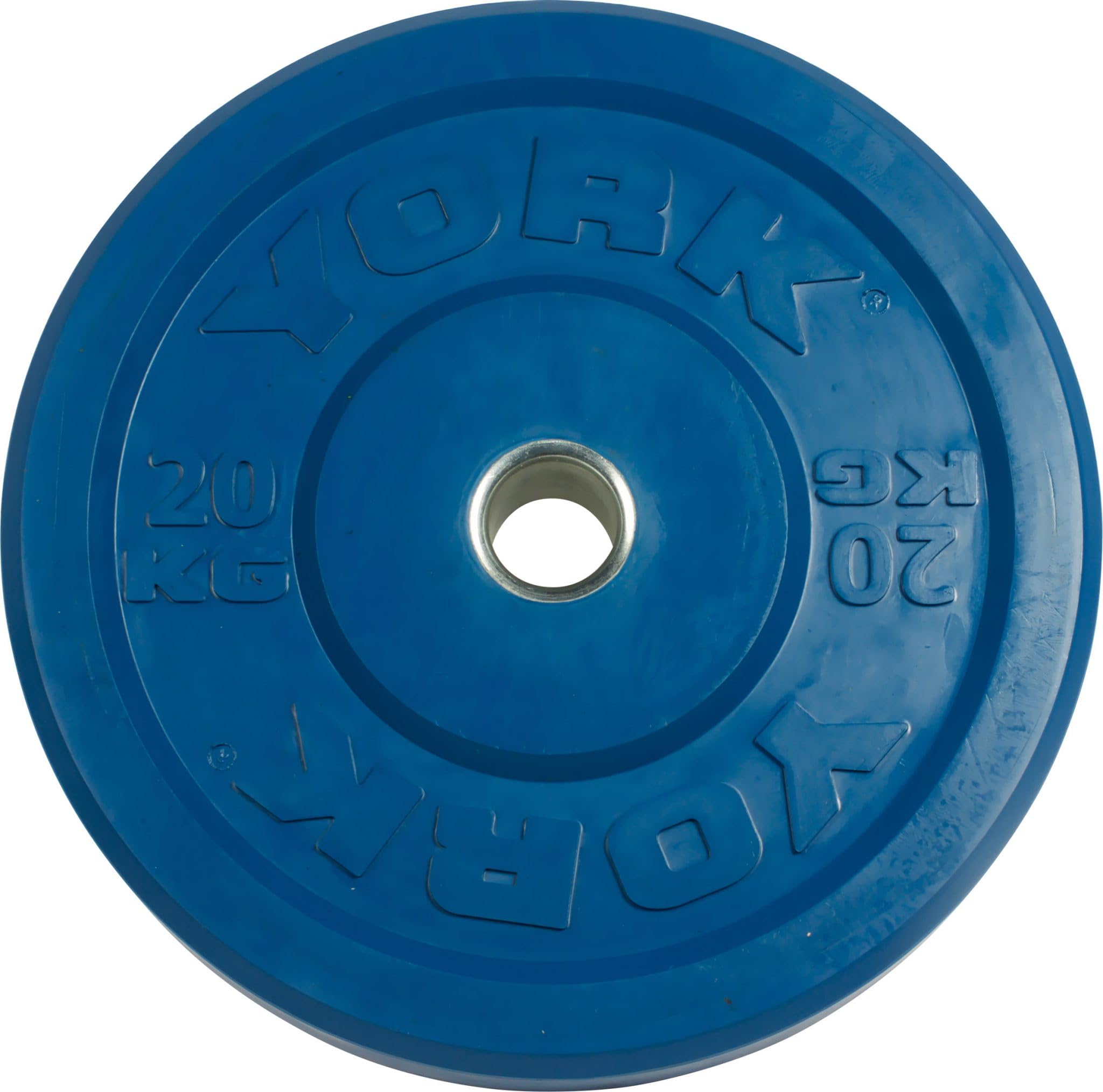New York Barbell Blue 20KG Color-Coded Rubber Training Bumper Plate | 2&rdquo; Steel Sleeve York Freeweight