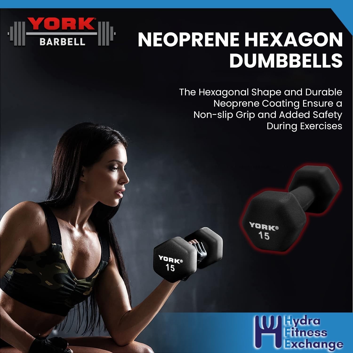 New York 9lb Neoprene Hex Dumbbells Pair &ndash; Cast Ergo Handle York Freeweight