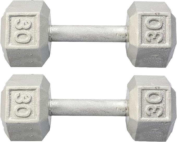 Barbell 30 lb Cast Iron Hex Dumbbells (Pair) &ndash; Silver Strength Weights